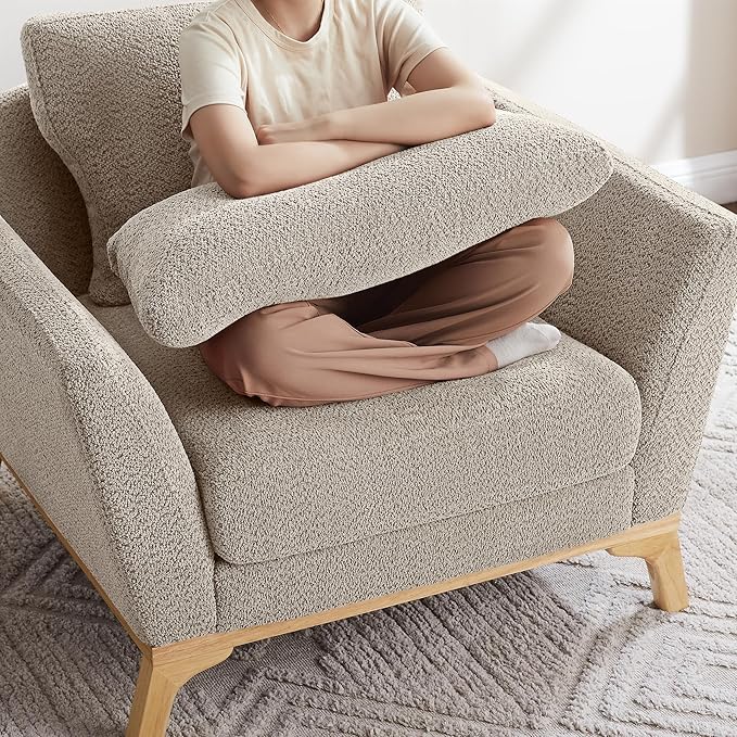Large-Sized Accent Chair, Thick Cushion Bedroom Reading Chair, Comfortable Living Room Single Sofa， Boucle Camel