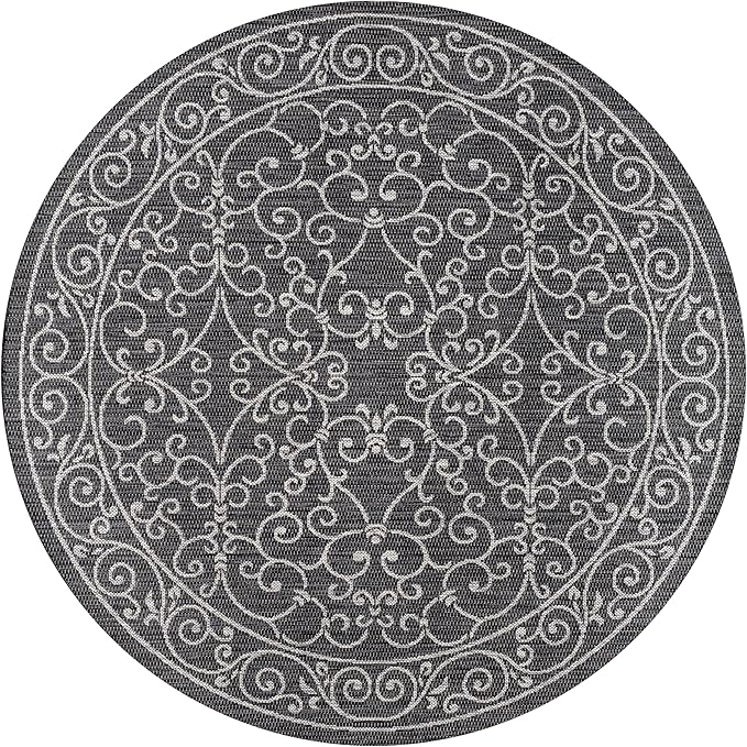 JONATHAN Y Vintage Filigree Indoor Outdoor Round Area Rug 5 Ft Black/Gray, Charleston Textured Weave for Backyard, Patio, Porch, Easy-Cleaning, High Traffic, Pet-Friendly, Non-Shedding (SMB106G-5R)
