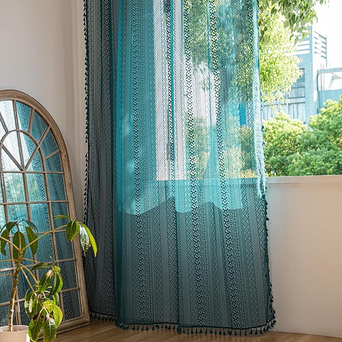 Sutuo Home Boho Curtains 108 inches Long for Bedroom Living Room Patio Doorway, Crochet Lace Sheer Bohemian with Tassels,Window Treatment Drapes, Single 1 Panel 59" W x 108" L, Turquoise