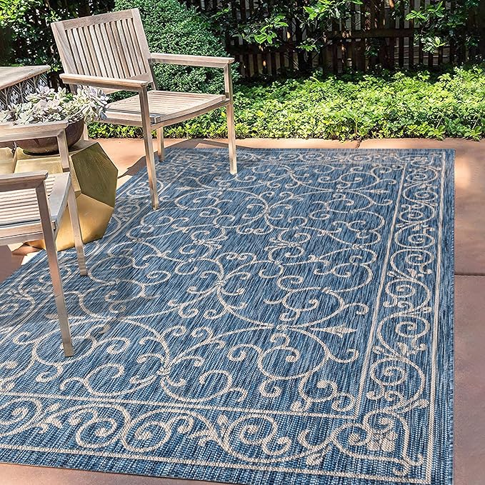JONATHAN Y Vintage Filigree Indoor Outdoor Area Rug 8X10 Navy/Gray, Charleston Textured Weave for Backyard, Patio, Porch, Easy-Cleaning, High Traffic, Pet-Friendly, Non-Shedding (SMB106D-8)