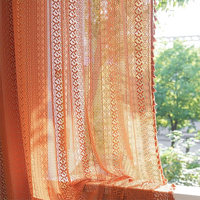 Sutuo Home Terracotta Boho Curtains for Bedroom Living Room, Crochet Lace Sheer Bohemian Style with Tassels,Window Treatment Drapes for Halloween Decor, Rod Pocket 1 Panel 59" W x 108" L, Orange