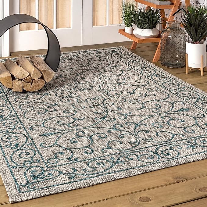 JONATHAN Y Vintage Filigree Indoor Outdoor Area Rug 6X9 Gray/Teal, Charleston Textured Weave for Backyard, Patio, Porch, Easy-Cleaning, High Traffic, Pet-Friendly, Non-Shedding (SMB106E-6)