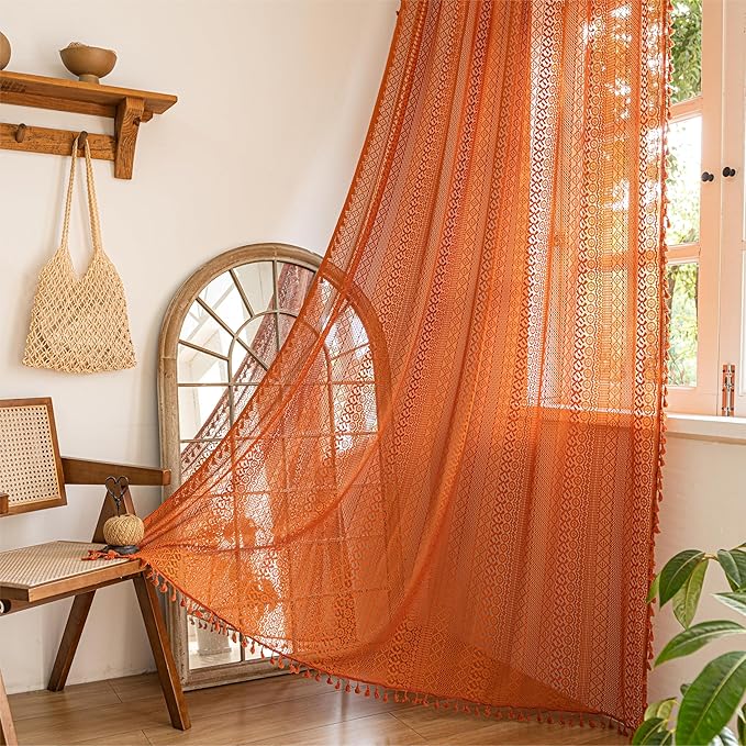 Sutuo Home Boho Curtains 72 inches Long for Bedroom Living Room, Crochet Cotton Lace Sheer Bohemian Hollow Knitted with Tassels,Window Treatment Drapes, Rod Pocket 1 Panel 59" W x 72" L,Burnt Orange