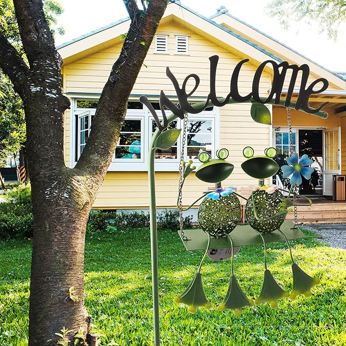 Frog Solar Light Garden Outdoor Decoration Swing Metal Stake Lamp with Welcome Sign Waterproof Patio Yard Decor Gifts-48 inch