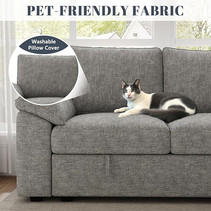 85 Inch Modular Sectional Sofa with Pull Out Bed,L Shaped 5 Seat Sectional Sleeper Sofa with Storage,Sectional Couches for Living Room,Cloud Modular Couch,Removable Sofa Cover,Light Gray