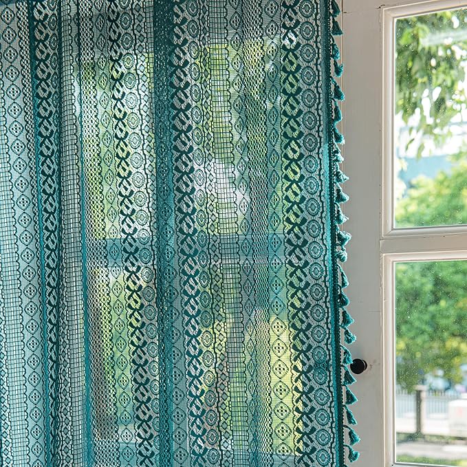 Sutuo Home Boho Curtains 108 inches Long for Bedroom Living Room Patio Doorway, Crochet Lace Sheer Bohemian with Tassels,Window Treatment Drapes, Single 1 Panel 59" W x 108" L, Turquoise
