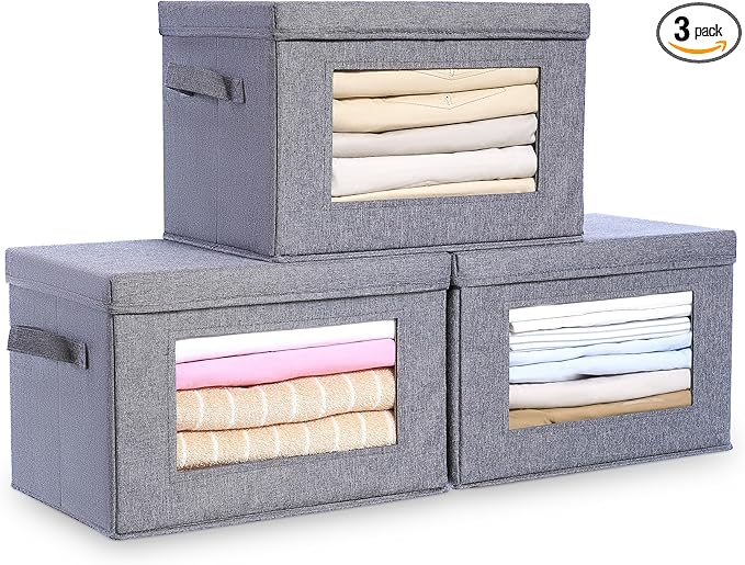 Citylife 3-Pack Collapsible Storage Bins with Lids, Linen Fabric Foldable Storage Boxes, Cube Closet Organization for Clothes, Blankets and Books, Gray
