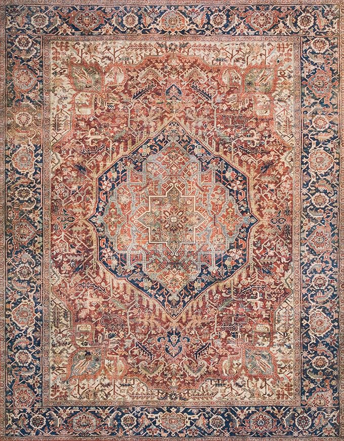 Loloi Layla Collection LAY-08 Red/Navy 2'-6" x 12'-0" .13" Thick Runner Rug, Soft, Durable, Vintage Inspired, Distressed, Low Pile, Non-Shedding, Easy Clean, Printed, Living Room Rug