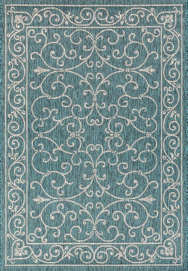 JONATHAN Y Vintage Filigree Indoor Outdoor Area Rug 8X10 Teal/Gray, Charleston Textured Weave for Backyard, Patio, Porch, Easy-Cleaning, High Traffic, Pet-Friendly, Non-Shedding (SMB106F-8)