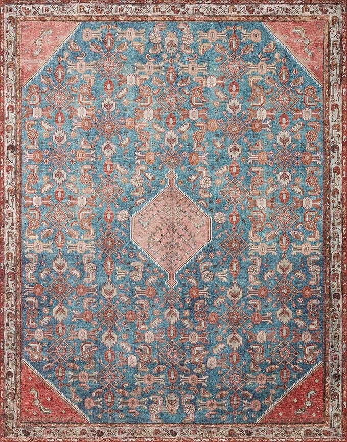 Loloi Layla Collection LAY-10 Marine/Clay 9'-0" x 12'-0" .13" Thick Area Rug, Soft, Durable, Vintage Inspired, Distressed, Low Pile, Non-Shedding, Easy Clean, Printed, Living Room Rug