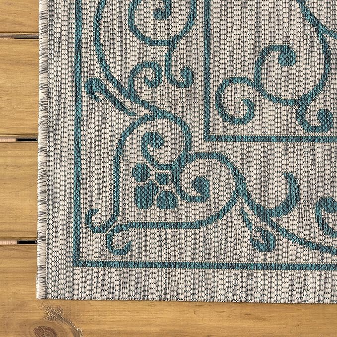 JONATHAN Y Vintage Filigree Indoor Outdoor Square Area Rug 9X9 Gray/Teal, Charleston Textured Weave for Backyard, Patio, Porch, Easy-Cleaning, High Traffic, Pet-Friendly, Non-Shedding (SMB106E-9SQ)