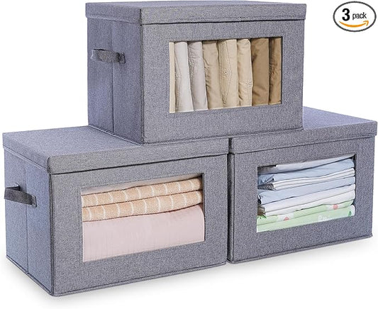 Citylife 3-Pack Collapsible Storage Bins with Lids, Linen Fabric Foldable Storage Boxes, Cube Closet Organization for Clothes, Blankets and Books, Gray