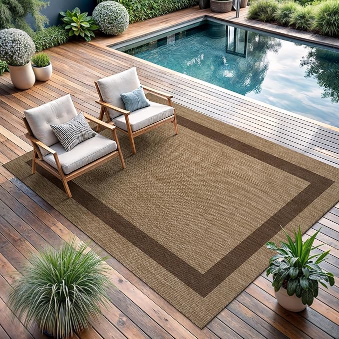 CAMILSON Outdoor Rug 5x7 - Modern Outside Rugs for Patios Porches Waterproof Durable Washable Non-Shedding, Easy-to-Clean Indoor Outdoor Area Carpet (5 x 7, Bordered - Jute)