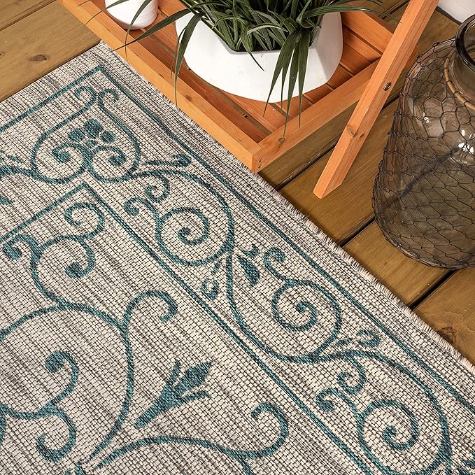 JONATHAN Y Vintage Filigree Indoor Outdoor Area Rug 3X5 Gray/Teal, Charleston Textured Weave for Backyard, Patio, Porch, Easy-Cleaning, High Traffic, Pet-Friendly, Non-Shedding (SMB106E-3)