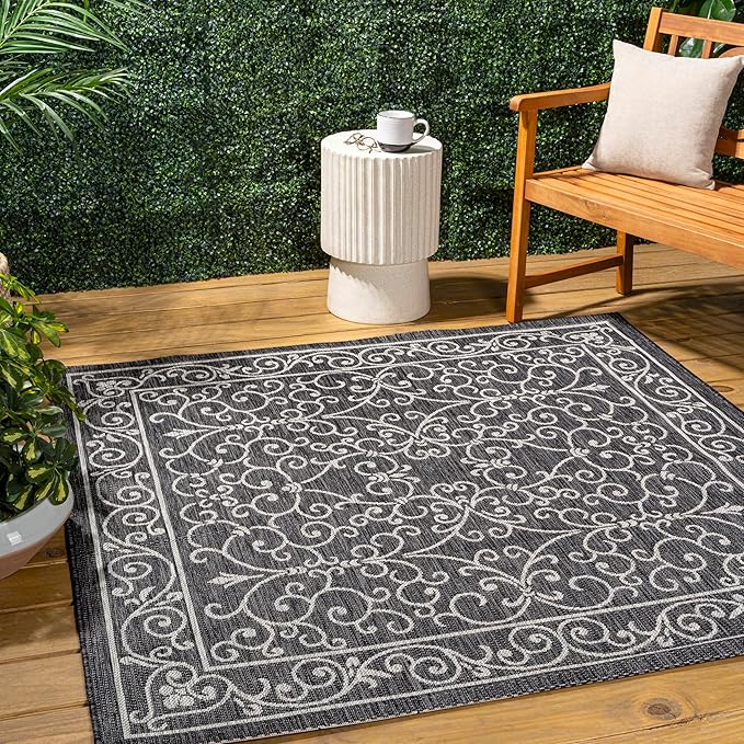 JONATHAN Y Vintage Filigree Indoor Outdoor Square Area Rug 3X3 Black/Gray, Charleston Textured Weave for Backyard, Patio, Porch, Easy-Cleaning, High Traffic, Pet-Friendly, Non-Shedding (SMB106G-3SQ)