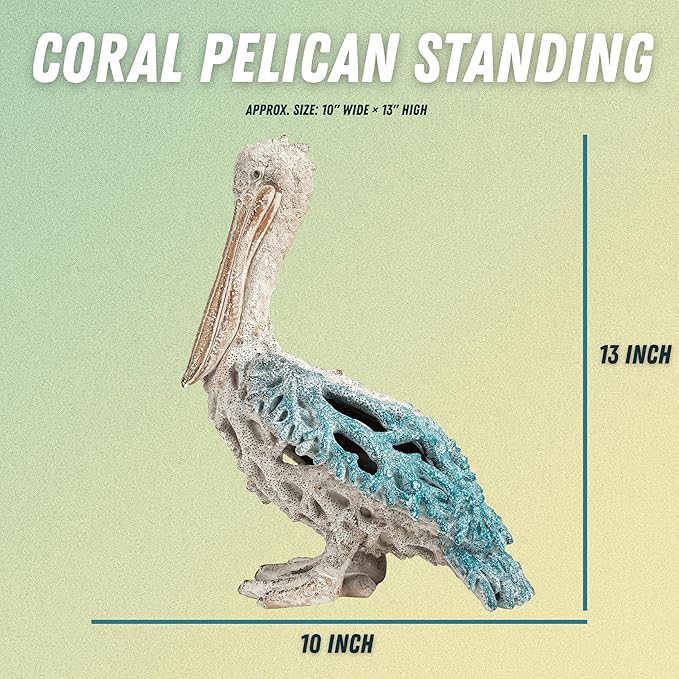 Blue Pelican Standing Figurine 13.75” Coastal Coral Reef Home Decor Nautical Beach Statue for Tabletop Shelf or Mantel Ocean Inspired Room Accents