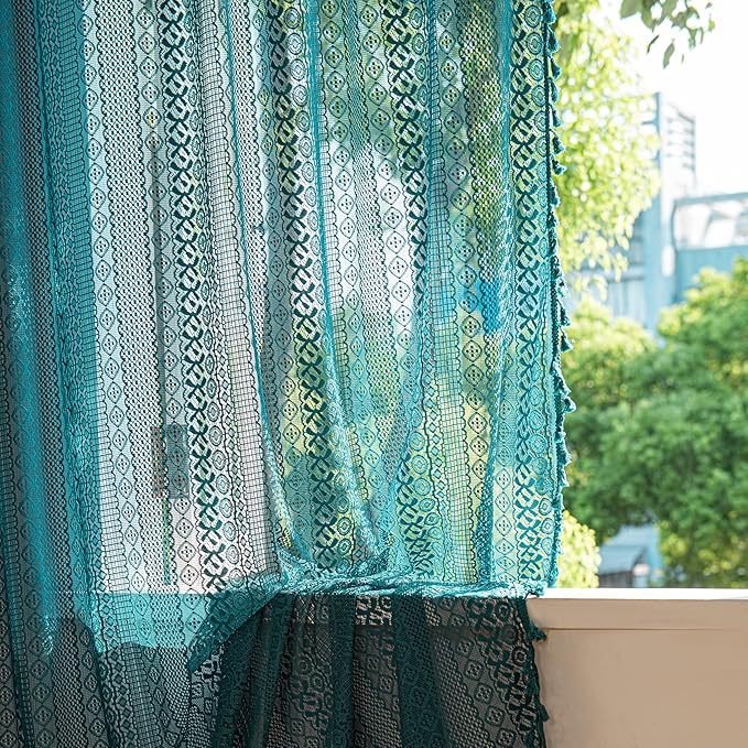 Sutuo Home Boho Curtains Crochet Lace Sheer Bohemian Hollow Knitted with Tassels, Window Treatment Privacy Vintage Rustic Farmhouse Drapes for Bedroom, Rod Pocket 1 Panel 59" W x 63" L, Turquoise