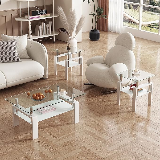Glass Coffee Table Rectangle White Living Room Center Table, 39inch Transparent Tempered Glass Tabletop and Metal Frame, White + Clear Glass