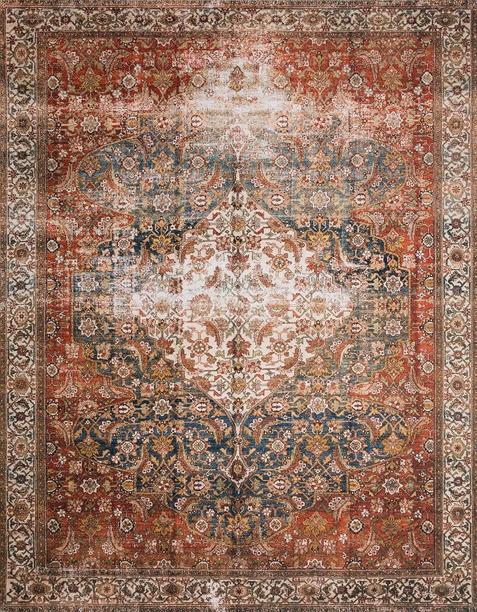 Loloi Layla Collection LAY-05 Ocean/Multi 2'-3" x 3'-9" .13" Thick Accent Rug, Soft, Durable, Vintage Inspired, Distressed, Low Pile, Non-Shedding, Easy Clean, Printed, Living Room Rug
