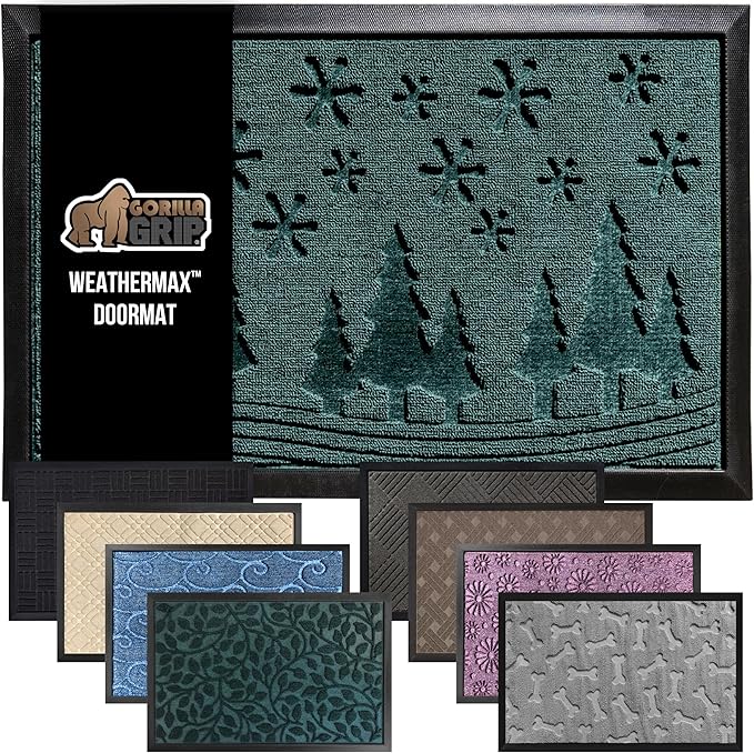 GORILLA GRIP 100% Waterproof All-Season WeatherMax Doormat, US Designed Natural Rubber, Stain and Fade Resistant, Low Profile Indoor Outdoor Door Mats, Easy Clean Patio Mat, 17x29, Green Snowscape