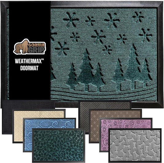 GORILLA GRIP 100% Waterproof All-Season WeatherMax Doormat, US Designed Natural Rubber, Stain and Fade Resistant, Low Profile Indoor Outdoor Door Mats, Easy Clean Patio Mat, 17x29, Green Snowscape