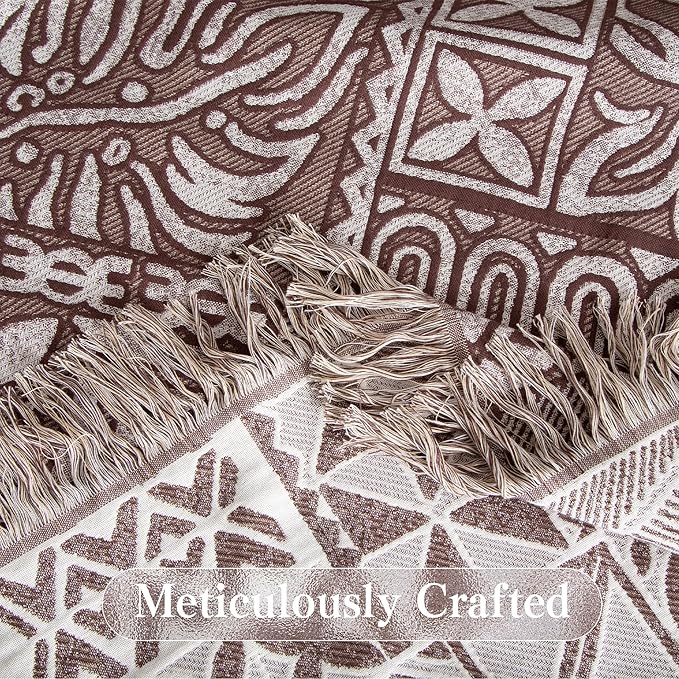 Boho Throw Blanket Full Size, Extra Large Soft Cozy Cotton Muslin Quilt Blanket for Bed Decor, Patchwork Block Couch Sofa Chair Cover, Vintage Farmhouse Cottage Woven Blanket, Brown&White