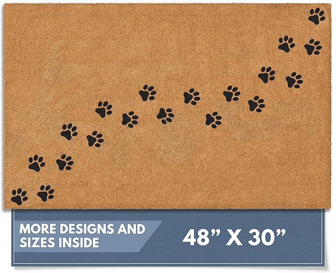 Barnyard Designs Natural Coco Coir Heavy Duty Backing Doormat - Large Cute Non-Slip Front Door Welcome Mat for Outside Entrance or Porch Entry, Brown (30x48, Paws)