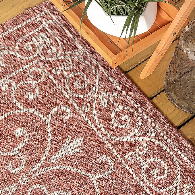 JONATHAN Y Vintage Filigree Indoor Outdoor Round Area Rug 5 Ft Red/Beige, Charleston Textured Weave for Backyard, Patio, Porch, Easy-Cleaning, High Traffic, Pet-Friendly, Non-Shedding (SMB106B-5R)
